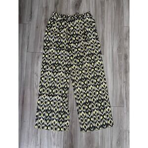 Love Wish Yellow Blue Ikat Print Wide Leg Pants Elastic Waist Womens L PW2314